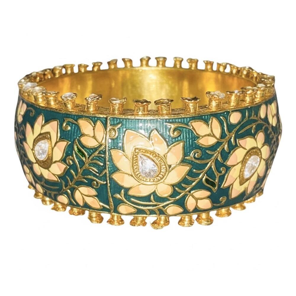 Hand-Painted Enamel Floral Gold Plated Bangle Bracelet - Picture 2 of 3